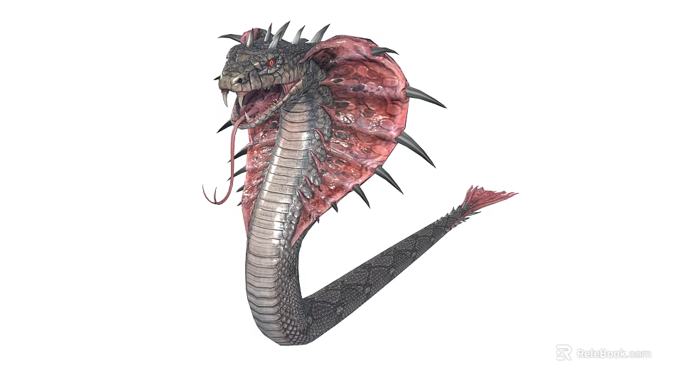 Serpentine Fantasy Game Movie Character With Red Frills Spiked Head Black Scales And Sharp Fangs 3d model 