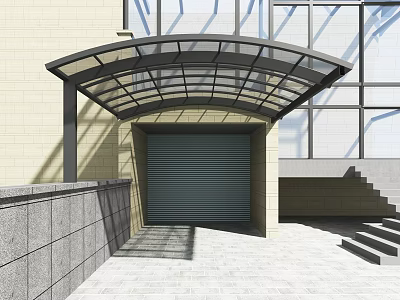Curved Glass Canopy For Building Entrance With Roller Door And Steps 3d model