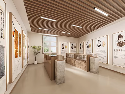Cultural Exhibition Hall With Wooden Ceiling Framed Paintings Display Counters Potted Plant And Window 3d model