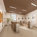 Cultural Exhibition Hall With Wooden Ceiling Framed Paintings Display Counters Potted Plant And Window