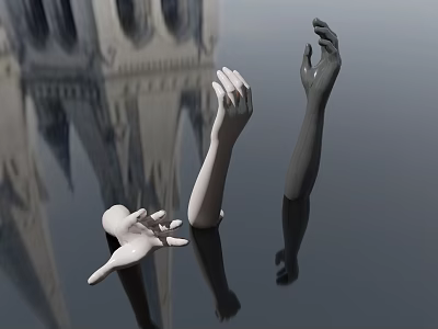 Man's Hands Sculptures Displayed With Background Architecture Reflections On Water Surface 3d model