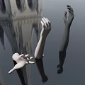 Man's Hands Sculptures Displayed With Background Architecture Reflections On Water Surface