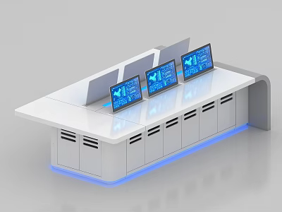 Modern Conference Room Interior With Three Screen Console And White Countertop Blue Lighting 3d model