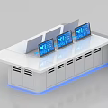 Modern Conference Room Interior With Three Screen Console And White Countertop Blue Lighting