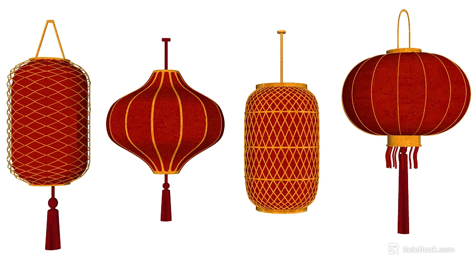 Traditional Chinese Red Chandeliers With Woven Patterns And Hanging Tassels 3d model 