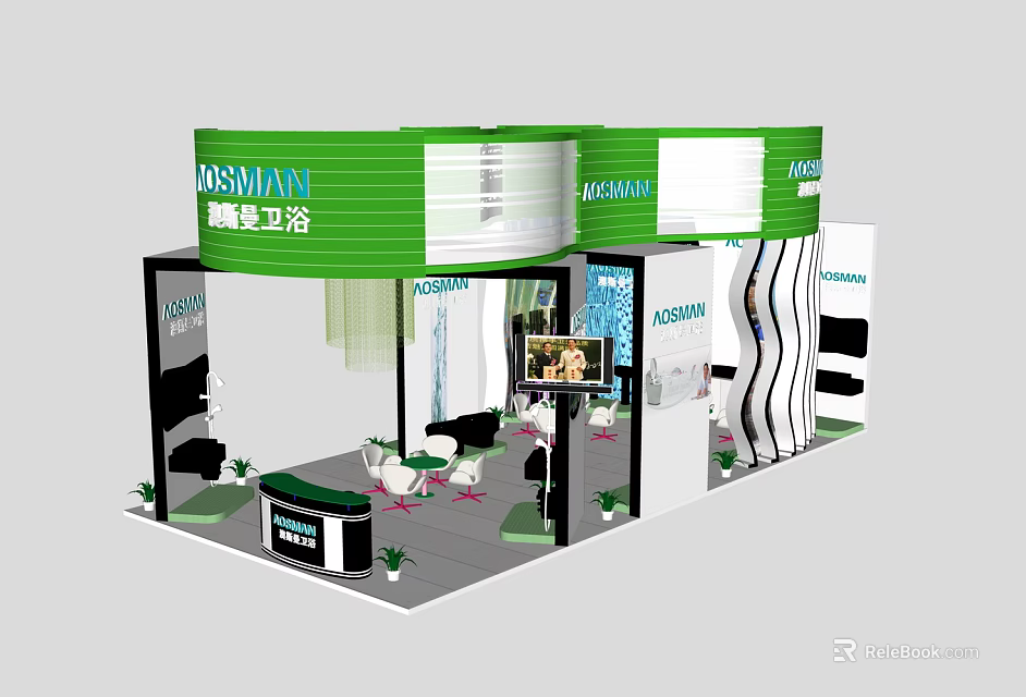 MOSOJIANG Sanitary Ware Exhibition Booth With Green Curved Top And White Display Area Seating 3d model 