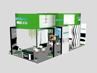 MOSOJIANG Sanitary Ware Exhibition Booth With Green Curved Top And White Display Area Seating 3d model