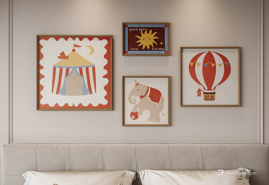 Abstract Paintings With Circus Tent Sun Elephant Hot Air Balloon in Wooden Frames Bedroom Wall 3d model 