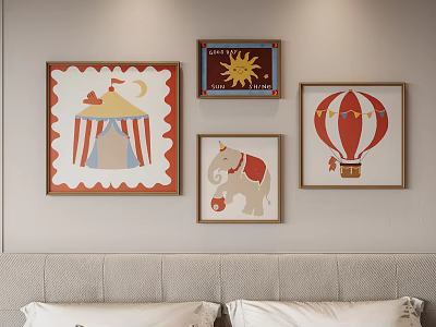 Abstract Paintings With Circus Tent Sun Elephant Hot Air Balloon in Wooden Frames Bedroom Wall 3d model