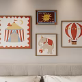 Abstract Paintings With Circus Tent Sun Elephant Hot Air Balloon in Wooden Frames Bedroom Wall