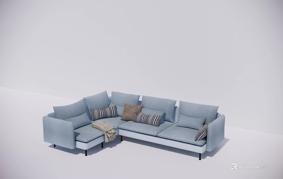Spacious Light Blue Sectional Sofa With Decorative Pillows And Throw Blanket 3d model