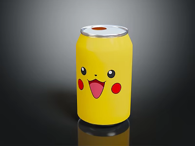 Yellow Beverage Can With Pikachu Cartoon Design Red Cheeks Open Mouth And Silver Lid 3d model