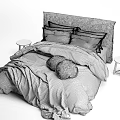 Cozy Minimalist Bedroom Bed With Beige Headboard Pillows Gray Blanket And Wooden Stools