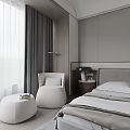 Modern Bedroom Interior With Neutral Tones Platform Bed White Accent Chair And Green Wall Art