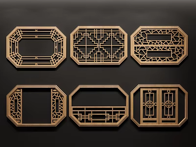 Golden Octagonal Lattice Windows With Intricate Carved Patterns And Six Designs 3d model