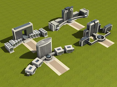 Modern Office Buildings Complex With Green Grass Landscape And Architectural Design 3d model