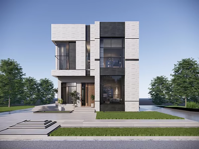 Modern Style Detached Villa Exterior With Two Story Stone Facade And Large Glass Windows 3d model