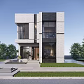 Modern Style Detached Villa Exterior With Two Story Stone Facade And Large Glass Windows