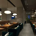 Modern Restaurant Interior Featuring Buffet Counter White Tableware Plant Decorations And Ceiling Lights 3d model