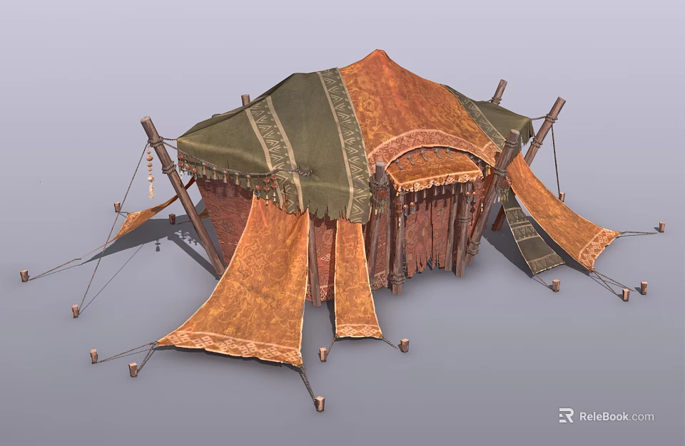 Traditional Nomadic Tent With Orange Green Canvas Canopy Wooden Poles And Hanging Fabric Drapes 3d model 
