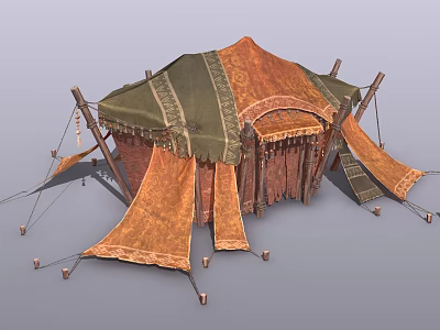 Traditional Nomadic Tent With Orange Green Canvas Canopy Wooden Poles And Hanging Fabric Drapes 3d model