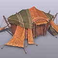 Traditional Nomadic Tent With Orange Green Canvas Canopy Wooden Poles And Hanging Fabric Drapes