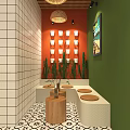 Vibrant Bubble Tea Shop With Orange Green Walls Wooden Ceiling Straw Umbrella And White Tables
