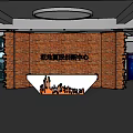 Modern Office Space With Red Brick Wall Display Counter And City Skyline Silhouette