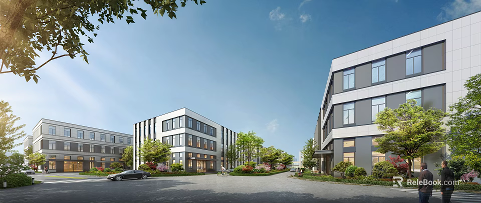 Modern Industrial Factory Buildings With Glass Facades Greenery Trees And Spacious Road 3d model 