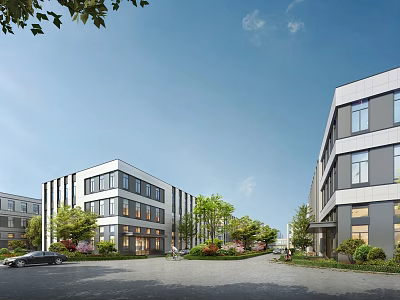Modern Industrial Factory Buildings With Glass Facades Greenery Trees And Spacious Road 3d model