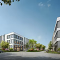 Modern Industrial Factory Buildings With Glass Facades Greenery Trees And Spacious Road