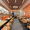 Warm Orange Wall Restaurant Interior With Wooden Tables Chairs Mural Art And Ceiling Lights