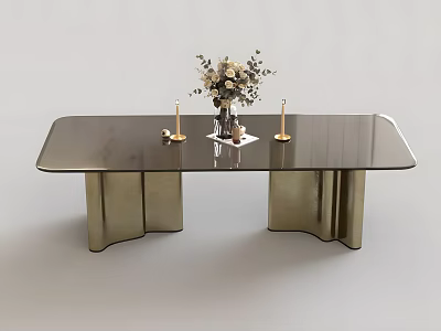 Modern Coffee Table With Black Glass Top Golden Metal Legs And Floral Candle Decor 3d model