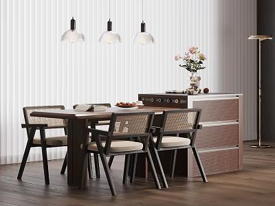 Modern Kitchen Interior With Wooden Island Dining Table Chairs And Pendant Lights 3d model