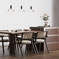 Modern Kitchen Interior With Wooden Island Dining Table Chairs And Pendant Lights