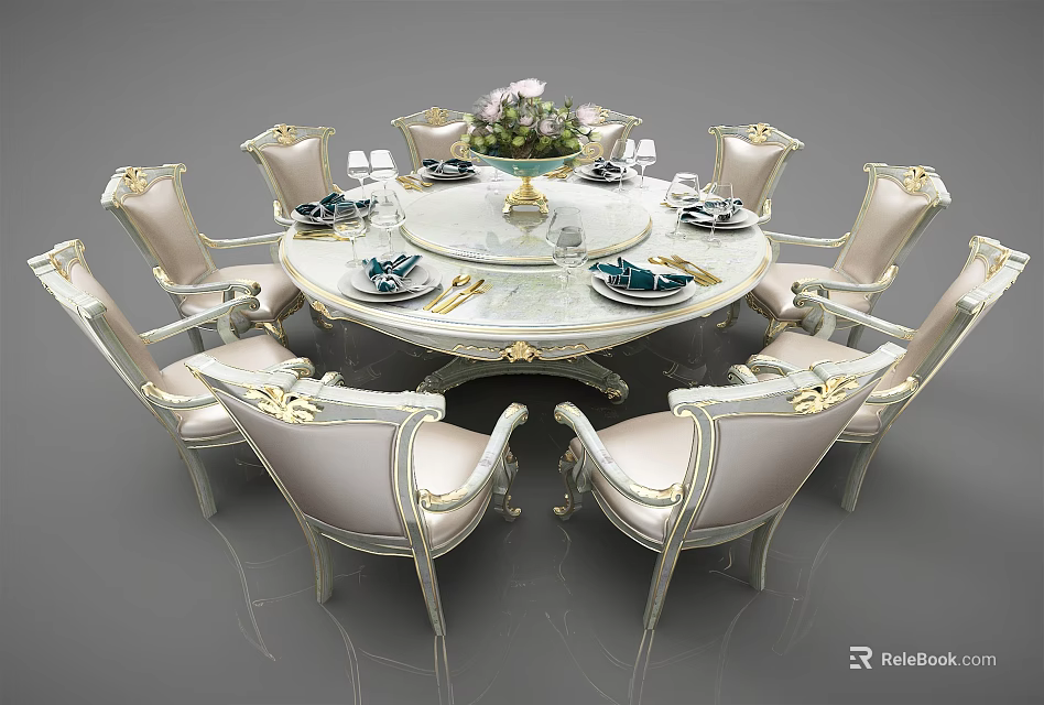 Elegant Round Dining Table Set With White Chairs Gold Accents Marble Top And Floral Centerpiece 3d model 