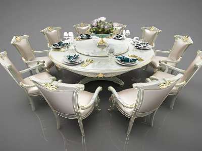 Elegant Round Dining Table Set With White Chairs Gold Accents Marble Top And Floral Centerpiece 3d model