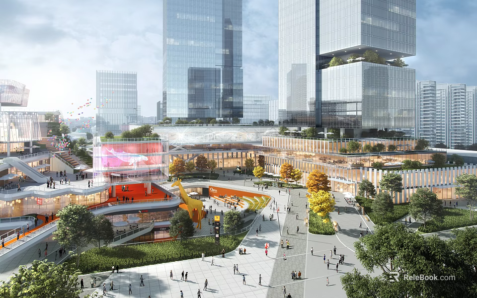Modern Commercial Complex With Tall Glass Buildings Open Plaza Pedestrians Greenery Vibrant Urban Atmosphere 3d model 