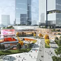 Modern Commercial Complex With Tall Glass Buildings Open Plaza Pedestrians Greenery Vibrant Urban Atmosphere