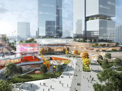 Modern Commercial Complex With Tall Glass Buildings Open Plaza Pedestrians Greenery Vibrant Urban Atmosphere 3d model