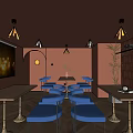 Cozy Bar Interior With Brown Walls Blue Seats Wooden Tables And Warm Lighting