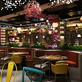 Modern Restaurant Interior Design With Cherry Blossom Decor Seating Area And Yellow Chairs