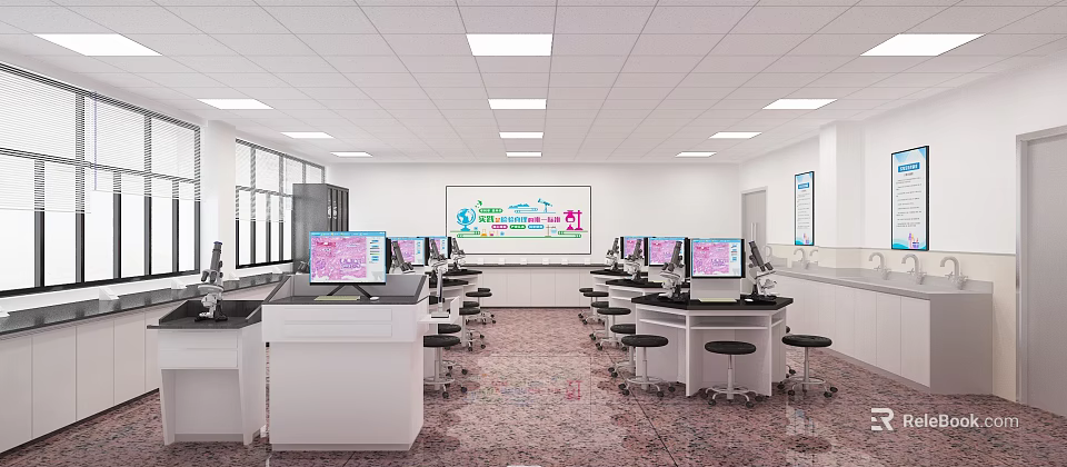 Modern Laboratory Interior Setup With Computers Lab Benches Stools And Large Projection Screen 3d model 