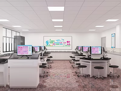 Modern Laboratory Interior Setup With Computers Lab Benches Stools And Large Projection Screen 3d model