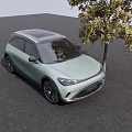 Light Green Small Car Parked Next to Tree on Gray Ground With Sky