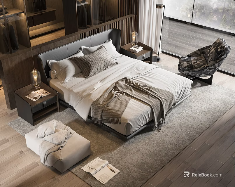 Modern Bedroom Interior Design With Large Bed Nightstands Rug Accent Chair And Window 3d model 