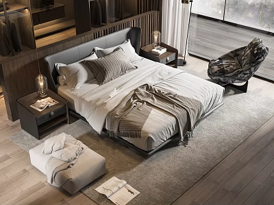 Modern Bedroom Interior Design With Large Bed Nightstands Rug Accent Chair And Window 3d model