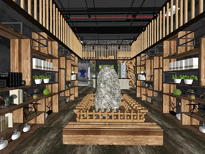 Modern Specialty Store Interior With Wooden Shelves Green Plants And Display Tables 3d model