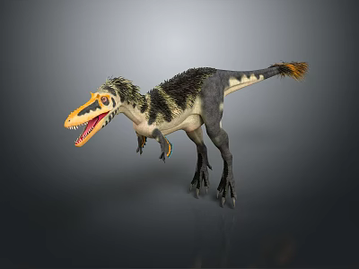 Realistic Velociraptor Dinosaur 3D Model With Yellow Black Stripes Orange Tail Tip And Open Mouth 3d model