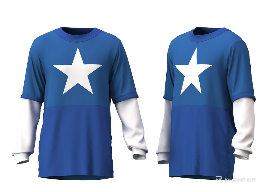 Blue Long Sleeve Shirt With White Star And White Sleeves Design 3d model 